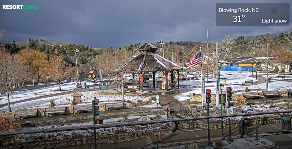 A screen grab from the webcam of Resort Cams shows the snow in downtown Blowing Rock, NC on Wednesday morning.