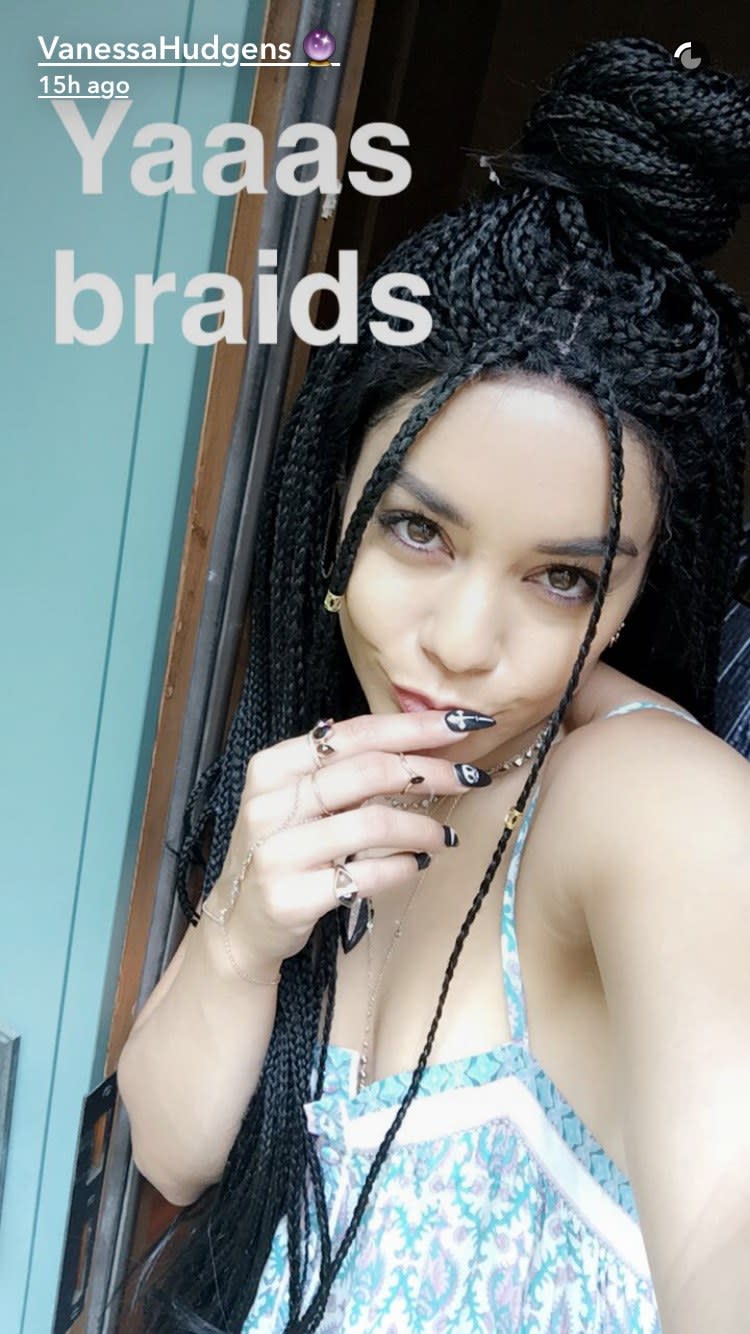 Hudgens sported "box braids" on Snapchat.