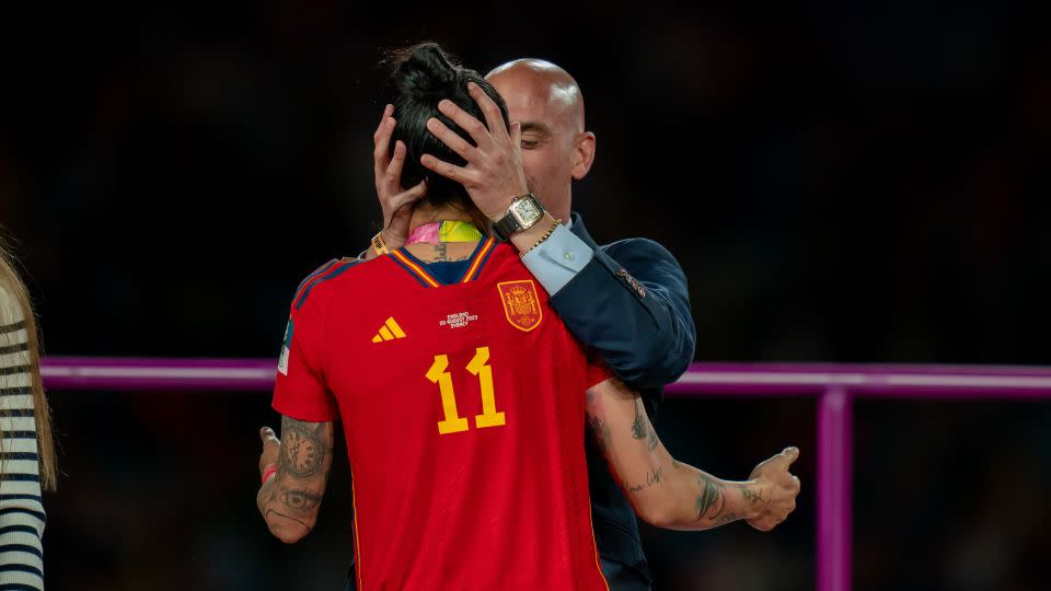 Luis Rubiales kisses Jennifer Hermoso during the medal ceremony following Spain's 1-0 win over England on Sunday. - Noe Llamas/Sports Press Photo/Reuters