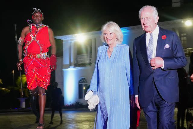 <p>Victoria Jones/PA Images via Getty</p> Queen Camilla and King Charles arrive to state banquet in Kenya on Oct. 31, 2023