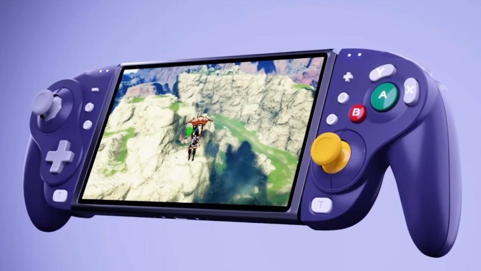 Purple controllers on either side of a Nintendo Switch screen