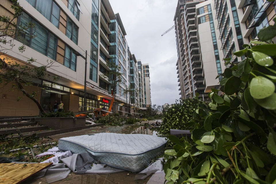 &nbsp;A mattress, that fell from the third floor lays at ground level surrounded with debris from neighboring apartments at Ciudadela complex in Santurce.&nbsp;