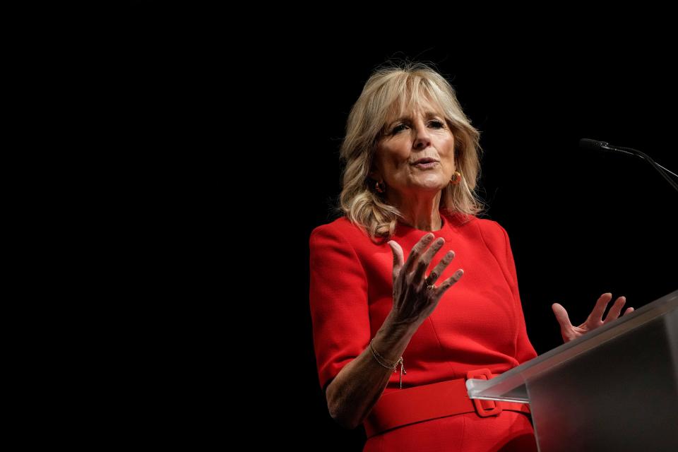 First lady Jill Biden addressed the Community College National Legislative Summit at a Washington hotel on Feb. 7, 2022.