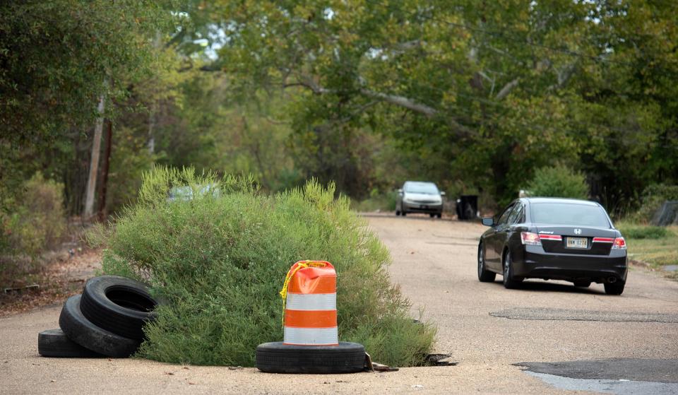 Some potholes have taken on a life of their own. A pothole at the intersection of Denver and Long Streets in Jackson, appears to be wider than the annual ragweed growing out of it is tall on Thursday, Oct. 26, 2023. Passing drivers give the pothole a wide berth as they maneuver around the hazard.