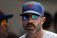 New York Mets manager Mickey Callaway watches from the dugout against the Miami Marlins in a baseball game, Wednesday, Aug. 7, 2019 in New York. (AP Photo/Mark Lennihan)