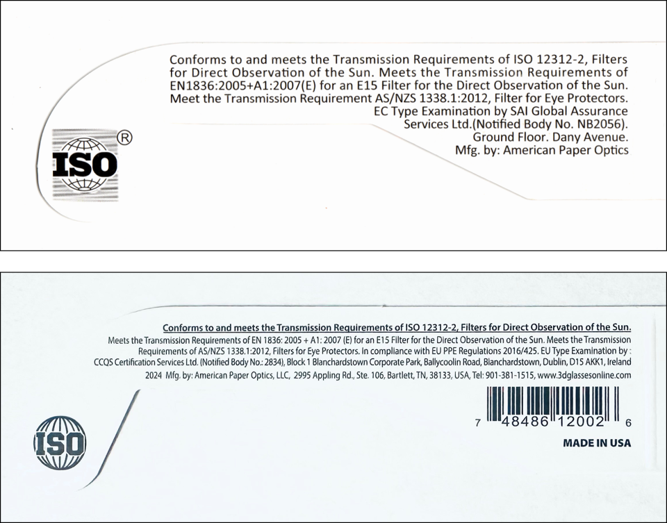 Here the counterfeit is on top. Note the repeated phrases and missing address (although there is a garbled partial address above the company name). The real one is below.