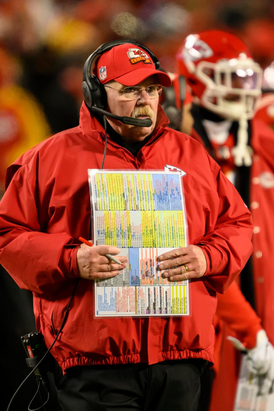 Kansas City Chiefs head coach Andy Reid waits for the results after throwing a challenge flag during the second half of the AFC championship playoff game against the Cincinnati Bengals on Sunday, Jan. 29, 2023, in Kansas City, Mo. The challenge was successful.