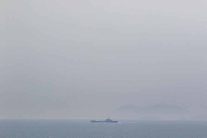 A Chinese navy vessel near Dongju Island, Taiwan, April 10, 2023. (Lam Yik Fei/The New York Times)