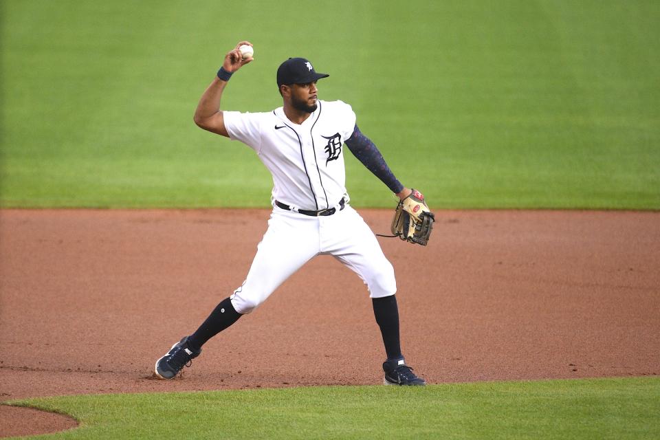 Detroit Tigers third baseman Jeimer Candelario (46) makes a throw first base during the first inning against the Toronto Blue Jays at Comerica Park on August 27, 2021.
