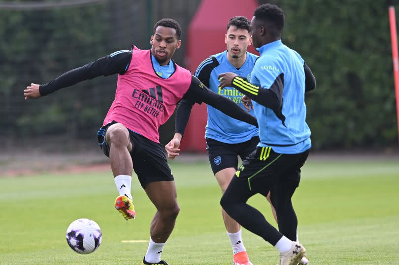 Jurrien Timber, Gabriel Martinelli and Eddie Nketiah of Arsenal during a training session at Sobha Realty Training Centre on May 01, 2024 in London Colney, England.