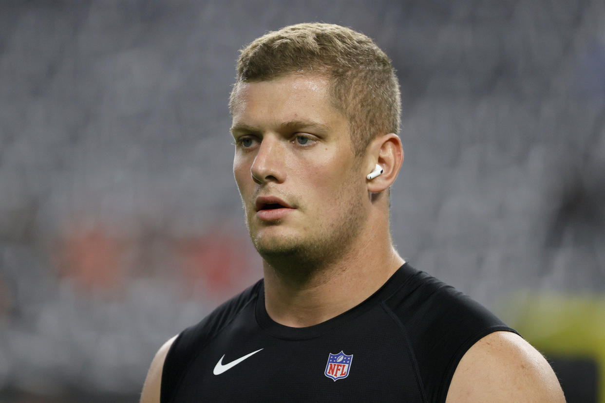  Carl Nassib became the first active gay player in the NFL. (Photo by Ethan Miller/Getty Images)