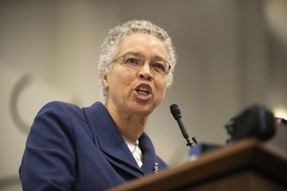 Cook County Board President Toni Preckwinkle speaks during a news conference at the Chicago Teachers Union headquarters in Chicago on Sunday, Dec. 9, 2018. The nation's first teachers' strike against a charter school operator will end after their union and management struck a tentative deal Sunday that includes protections for students and immigrant families living in the country illegally. (Colin Boyle/The Beacon-News via AP)