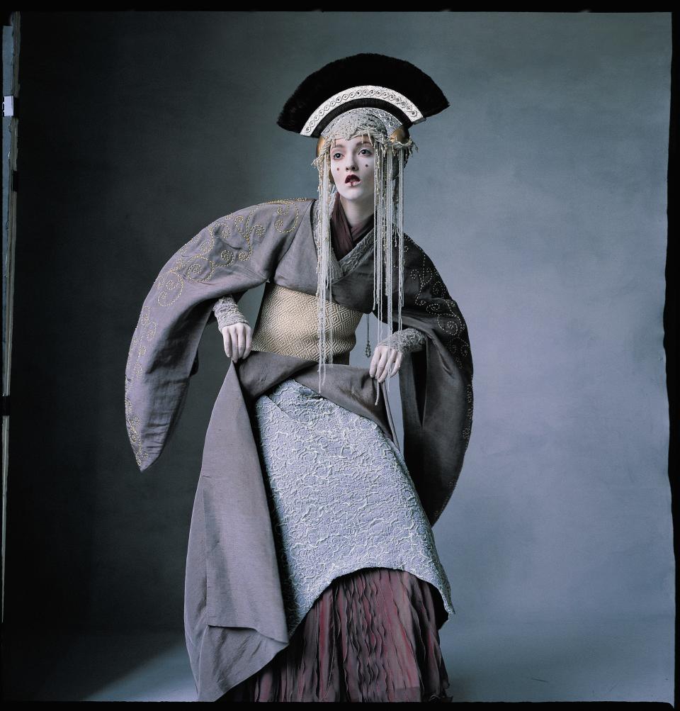 BACK TO THE FUTURE: Amidala’s Palpatine Costume No. 1 has a headdress that incorporates a pearl-embroidered panel from an antique dress, circa 1910. Costume by Trisha Biggar.