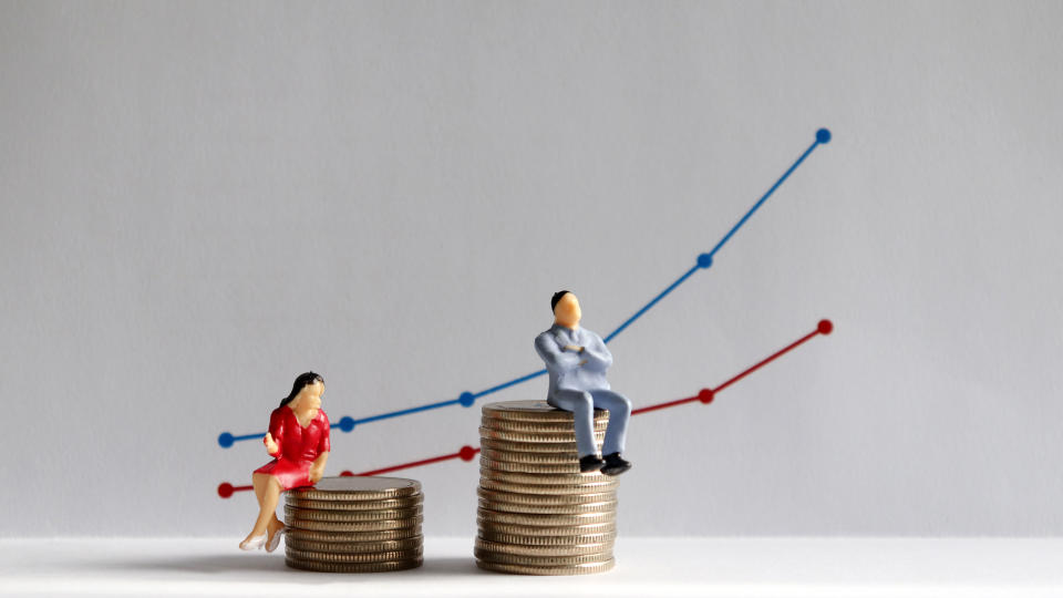 The concept of gender pay gap. A miniature man and a miniature woman sitting on top of a pile of coins at different heights in front of a bar graph. Photo: Getty