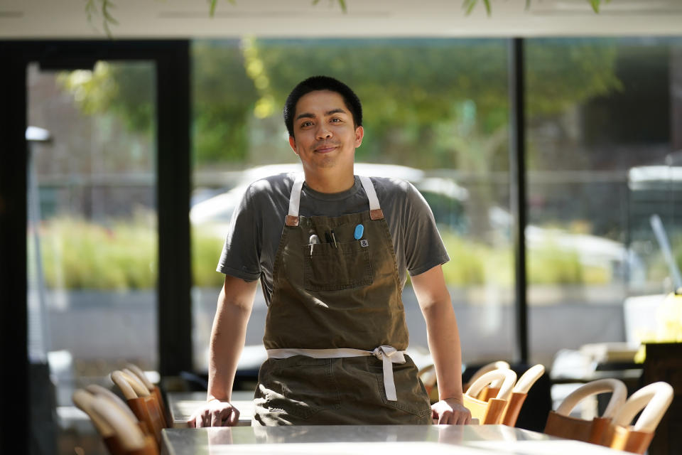 Pastry chef Vince Bugtong poses for photos at Abaca restaurant in San Francisco, Monday, May 15, 2023. Three Filipino restaurants in three different areas of the U.S. will be representing at this year's James Beard Awards, the culinary world's equivalent of the Oscars. The awards ceremony is next week in Chicago. (AP Photo/Jeff Chiu)