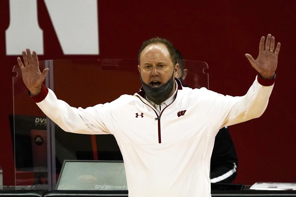 Wisconsin head coach Greg Gard reacts during the first half of an NCAA college basketball game against the Illinois Saturday, Feb. 27, 2021, in Madison, Wis. (AP Photo/Morry Gash)