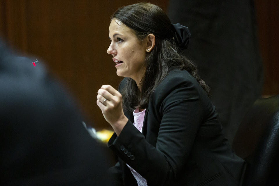 Defense attorney Jennifer Frese questions a witness during Cristhian Bahena Rivera's trial, Tuesday, May 25, 2021, in the Scott County Courthouse in Davenport, Iowa. Bahena Rivera is on trial for the 2018 stabbing death of Mollie Tibbetts, a University of Iowa student. (Kelsey Kremer/The Des Moines Register via AP, Pool)