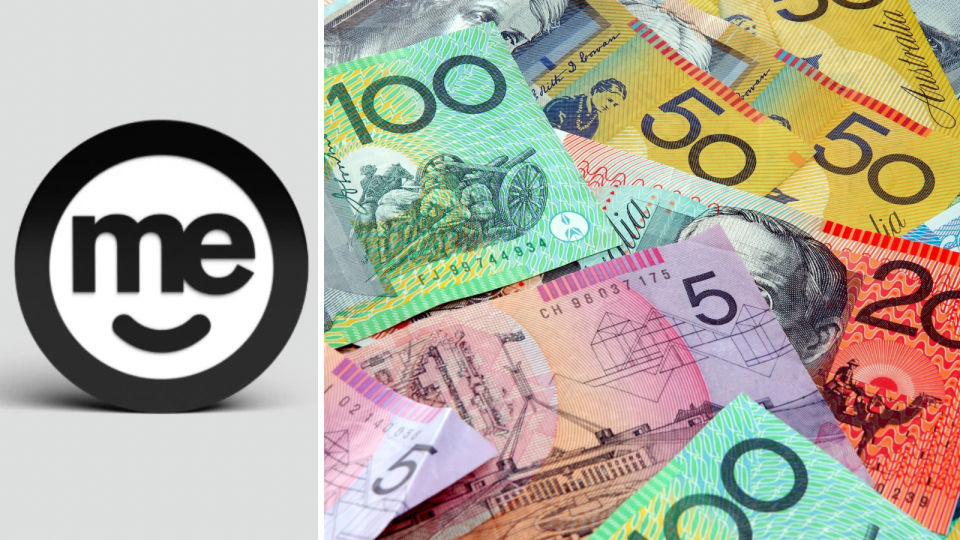 A composite image of the ME Bank logo and Australian money.