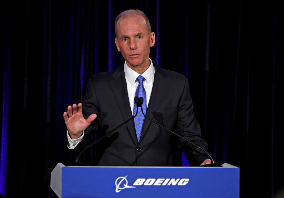 Boeing Co Chief Executive Dennis Muilenburg speaks during a news conference at the annual shareholder meeting in Chicago, Illinois, U.S., April 29, 2019.  Jim Young/Pool via REUTERS