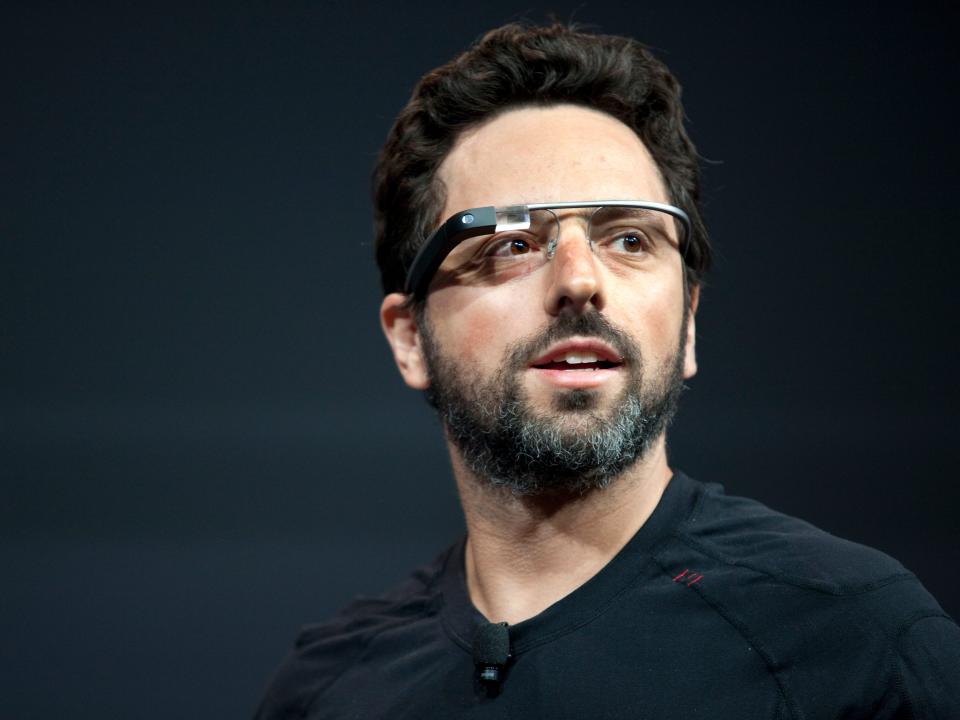 Google co-founder Sergey Brin wearing a Google Glass augmented reality device