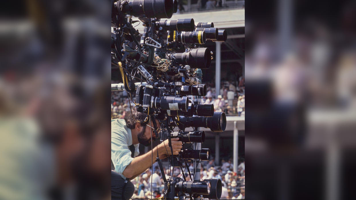  Photographer Michael Brohm, in the late 1980s / early 1990s, setting up 18 cameras at the Kentucky Derby. 