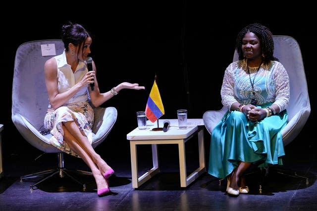 The Duchess of Sussex speaks during a forum on Afro women and power alongside Colombian vice president Francia Marquez in Cali, Colombia on August 18 