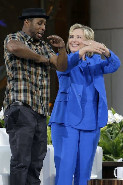 Democratic presidential candidate Hillary Rodham Clinton, right, practices her dance moves with DJ Stephen ‘tWitch’ Boss during a break in the taping of ‘The Ellen DeGeneres Show’ in 2015. AP Photo/Mary Altaffer)