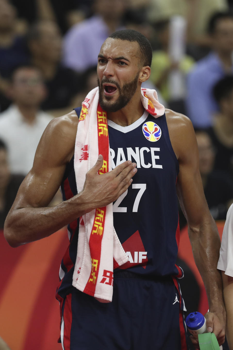 France's Rudy Gobert reacts during a quarterfinal match against United States for the FIBA Basketball World Cup in Dongguan in southern China's Guangdong province on Wednesday, Sept. 11, 2019. France defeated United States 89-79. (AP Photo/Ng Han Guan)