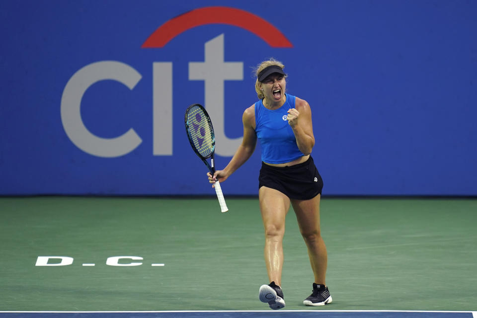 Daria Saville, of Australia, reacts during a match against Rebecca Marino, of Canada, at the Citi Open tennis tournament in Washington, Friday, Aug. 5, 2022. (AP Photo/Carolyn Kaster)