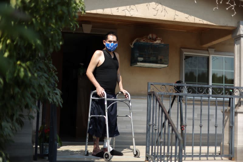 Francisco Garcia, 31, who spent almost four months in hospital with coronavirus disease (COVID-19), recovers at his home in Los Angeles