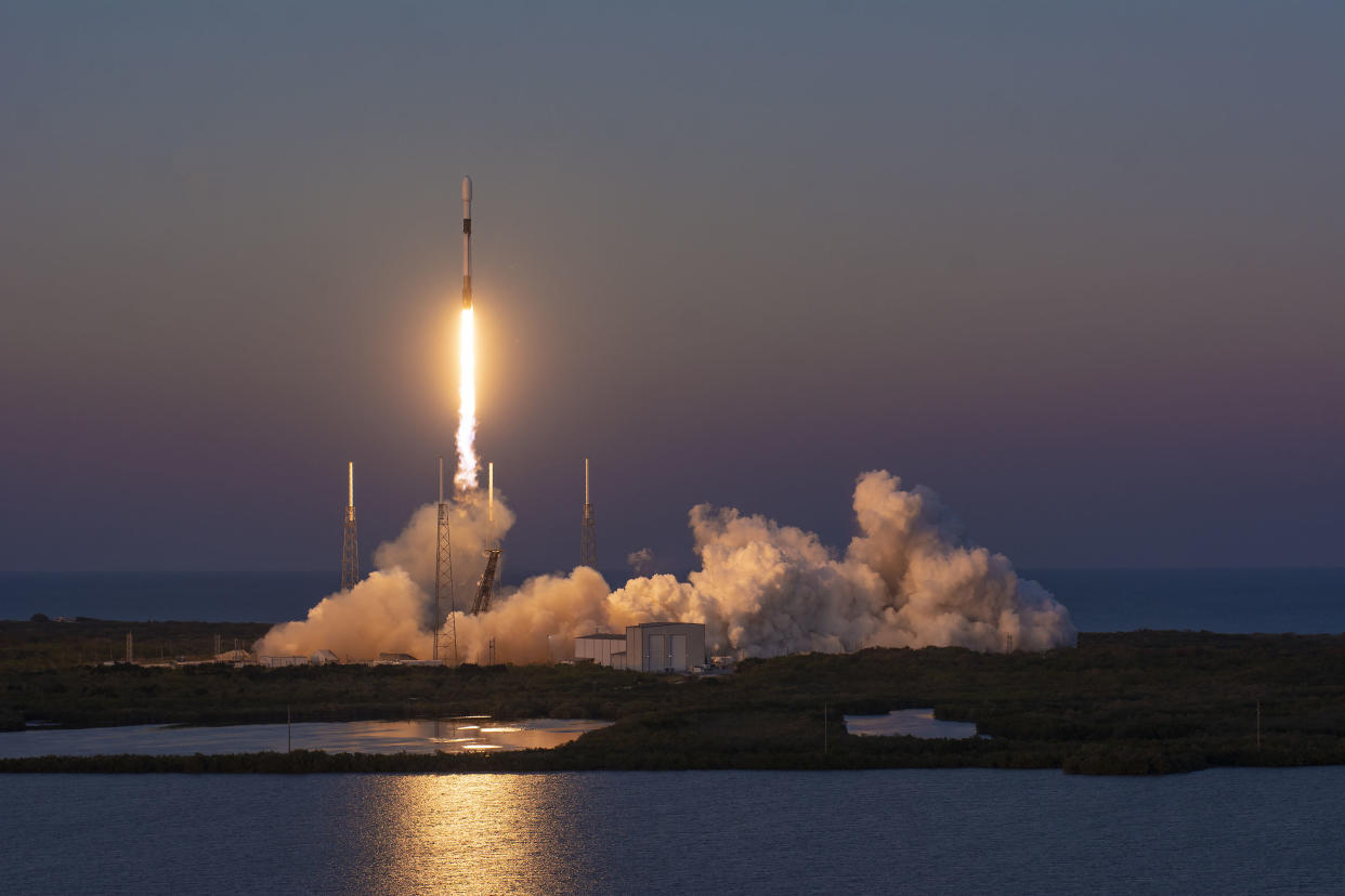  black-and-white spacex falcon 9 rocket launches from florida  