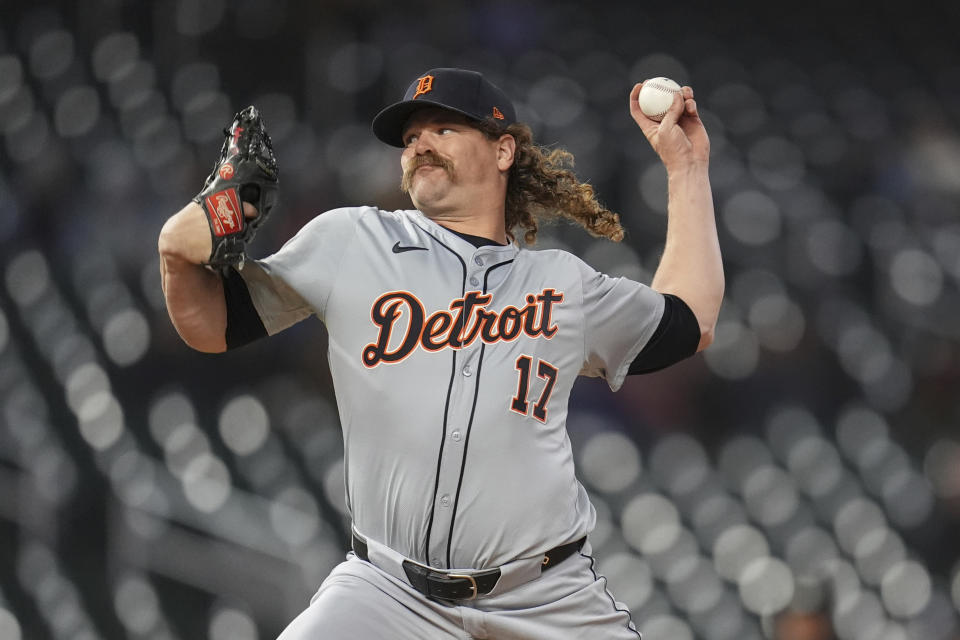 Detroit Tigers pitcher Andrew Chafin delivers during the eighth inning of the team's baseball game against the Minnesota Twins, Friday, April 19, 2024, in Minneapolis. (AP Photo/Abbie Parr)