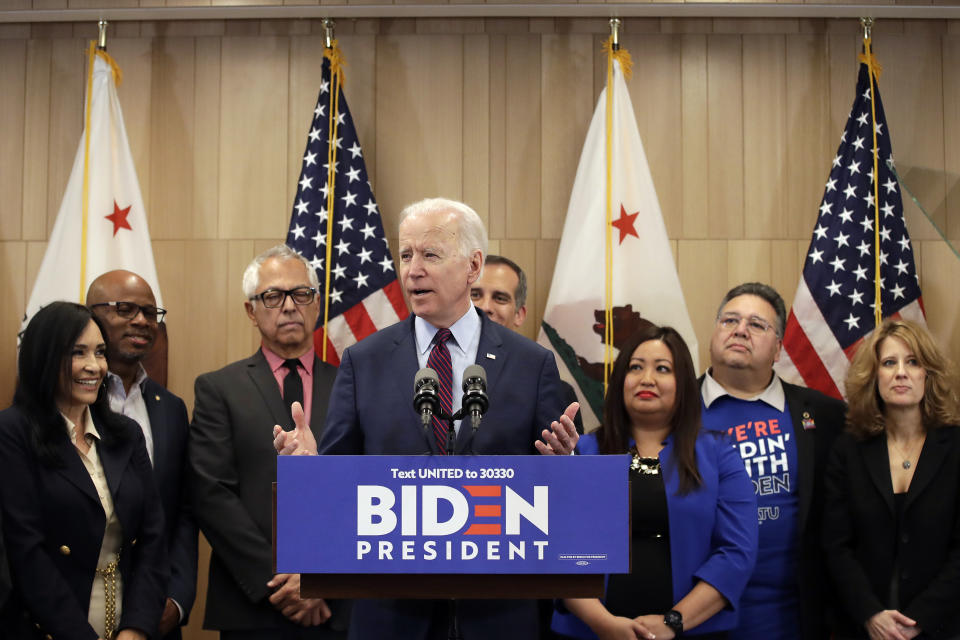 Democratic presidential candidate former Vice President Joe Biden speaks Wednesday, March 4, 2020, in Los Angeles. (AP Photo/Marcio Jose Sanchez)