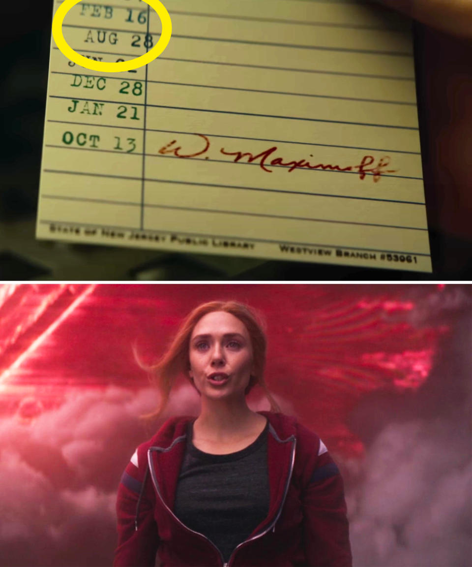 Top half: Library card with dates and "W. Maximoff" signature. Bottom half: Wanda Maximoff in a dramatic scene, wearing a jacket with a background of red energy