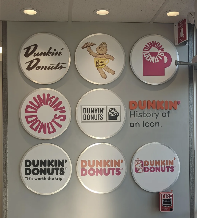 Nine Dunkin' Donuts logos displayed in a grid, showcasing the brand's evolution over time