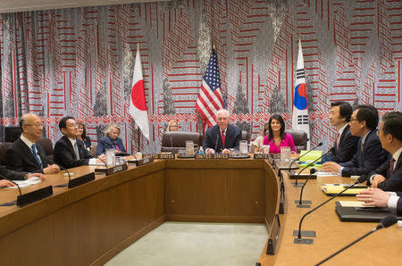 U.S. Secretary of State Rex Tillerson and U.S. Ambassador to the United Nations Nikki Haley hold a trilateral meeting with with Japanese Foreign Minister Fumio Kishida and South Korean Foreign Minister Yun Byung-se at the United Nations in New York City, U.S., April 28, 2017. REUTERS/ Bryan R. Smith/Pool