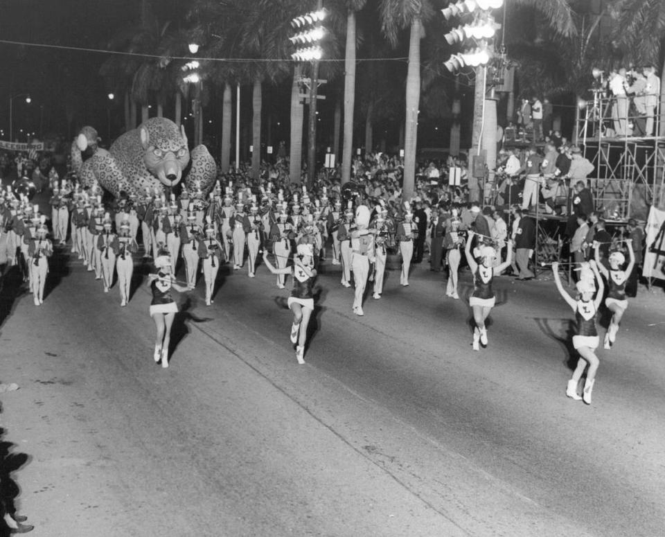 The Fort Lauderdale High School band marches in the Orange Bowl Parade in downtown Miami on New Year’s Eve 1959.