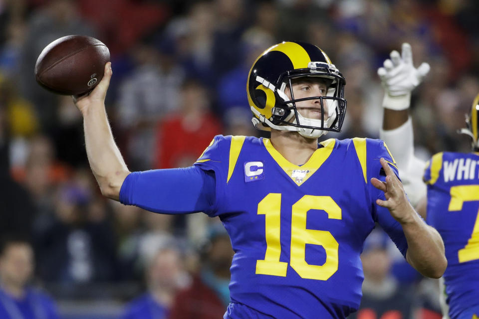 Los Angeles Rams quarterback Jared Goff passes against the Seattle Seahawks during the first half of an NFL football game Sunday, Dec. 8, 2019, in Los Angeles. (AP Photo/Marcio Jose Sanchez)