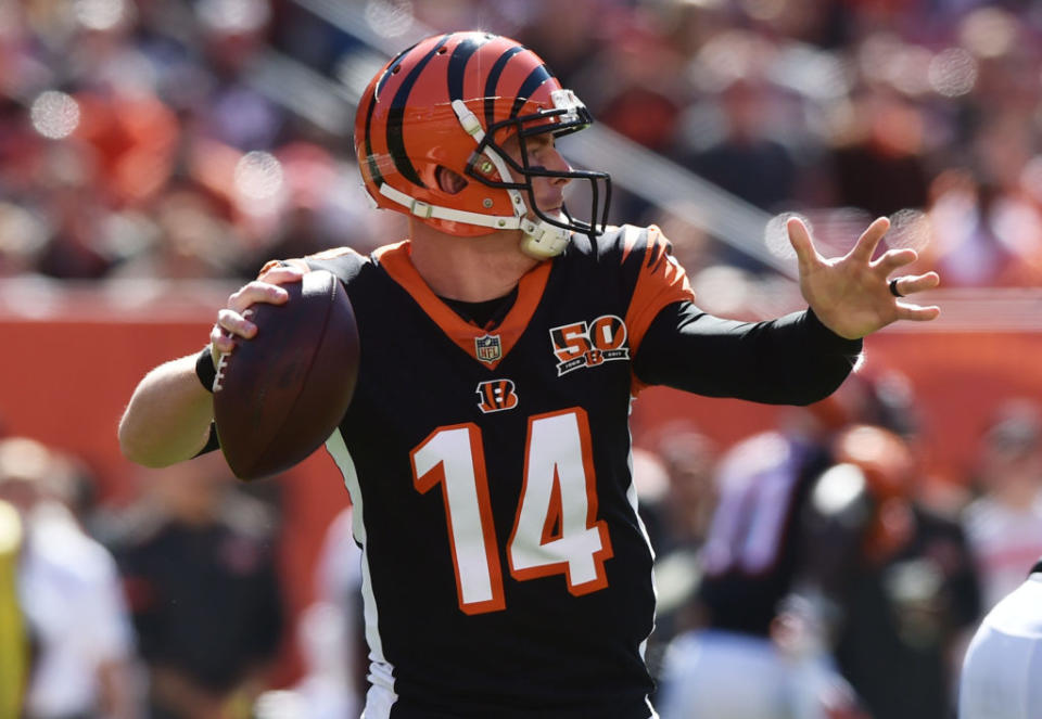 Oct 1, 2017; Cleveland, OH, USA; Cincinnati Bengals quarterback Andy Dalton (14) throws a pass during the first quarter against the Cleveland Browns at FirstEnergy Stadium. Mandatory Credit: Ken Blaze-USA TODAY Sports