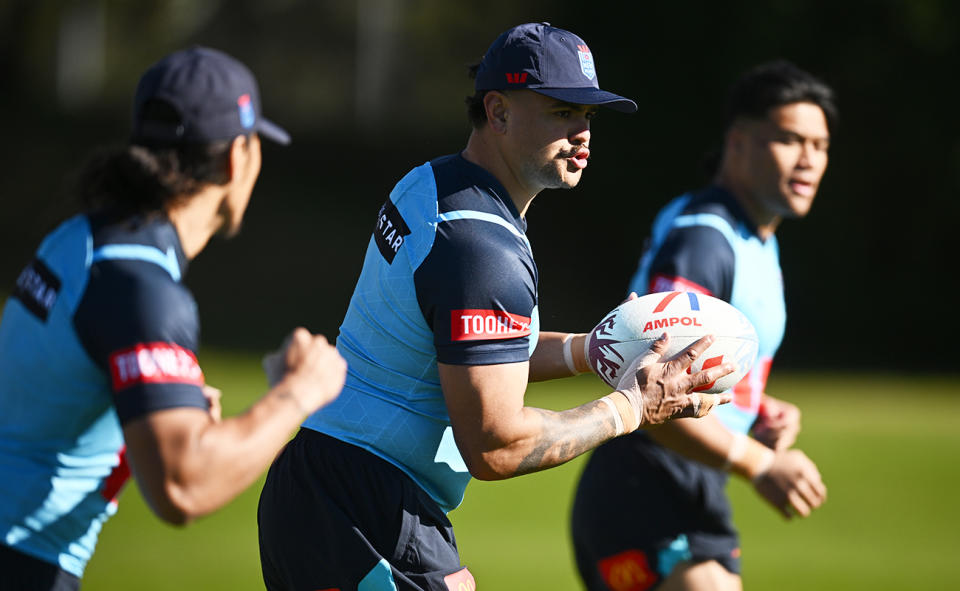 Latrell Mitchell, pictured here in State of Origin camp with the NSW Blues.