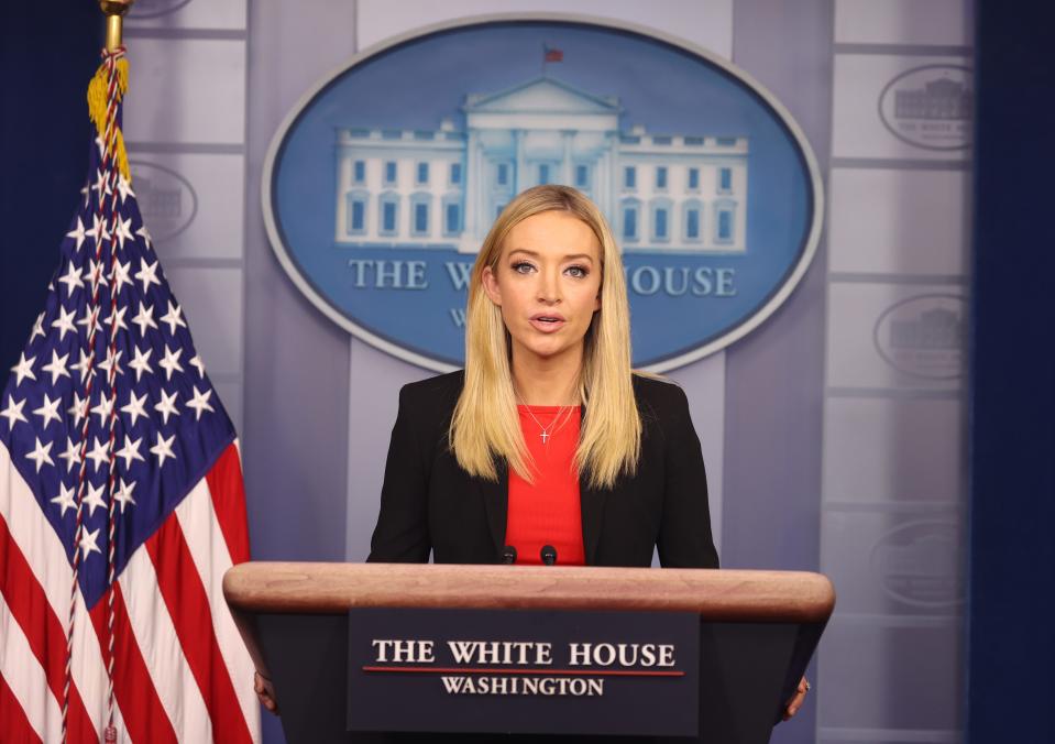 Kayleigh McEnany speaks in front of a podium on Jan. 7, 2021.