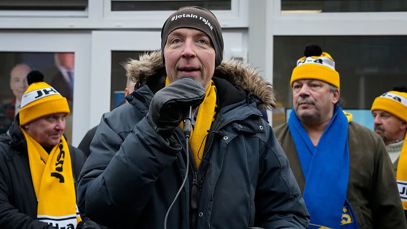 Finns Party presidential candidate Jussi Halla-aho campaigns in Narinkkatori, Helsinki, Finland, Saturday, Jan. 27, 2024