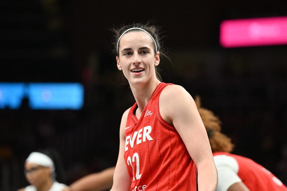 Indiana Fever guard Caitlin Clark looks on during Monday night's game against the Atlanta Dream.