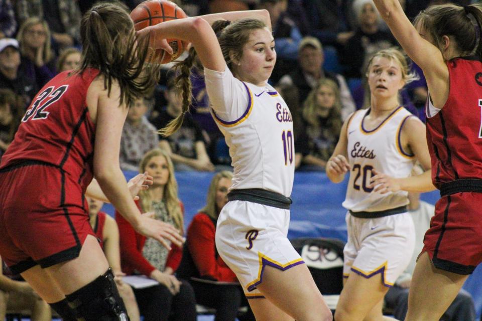 Panhandle's Sydney Adee attempts to pass against Gruver during the Region I-2A championship girls basketball playoff game in the Texan Dome in Levelland on Saturday, Feb. 25, 2023.