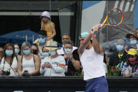 Rafael Nadal of Spain is watched by fans during a practice session at Melbourne Park at the Australian Open tennis championships in Melbourne, Australia, Saturday, Jan. 29, 2022. Nadal will play Russia's Daniil Medvedev on Sunday Jan. 30 in the men's singles final. (AP Photo/Mark Baker)