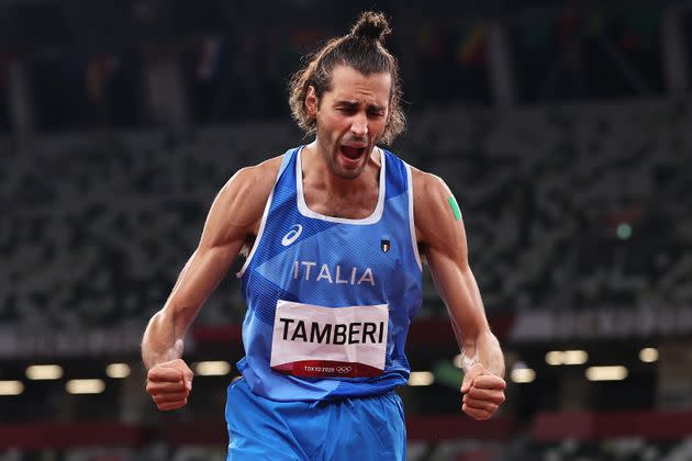 TOKYO, JAPAN - AUGUST 01: Gianmarco Tamberi of Team Italy reacts during the Men's High Jump Final on day nine of the Tokyo 2020 Olympic Games at Olympic Stadium on August 01, 2021 in Tokyo, Japan. (Photo by Cameron Spencer/Getty Images) (Photo: Cameron Spencer via Getty Images)