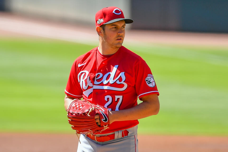 ATLANTA, GA  SEPTEMBER 30:  Cincinnati Reds starting pitcher Trevor Bauer (27) looks in for the sign during the National League Wild Card Series game between the Cincinnati Reds and the Atlanta Braves on September 30th, 2020 at Truist Park in Atlanta, GA. (Photo by Rich von Biberstein/Icon Sportswire via Getty Images)