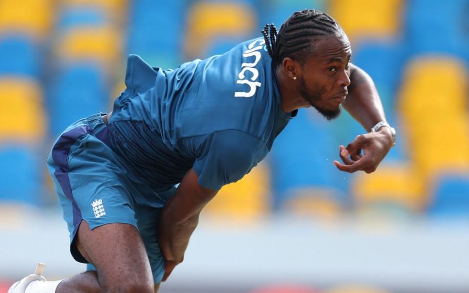 Jofra Archer of England takes part in a Net session ahead of the third One Day International at Kensington Oval on December 08, 2023