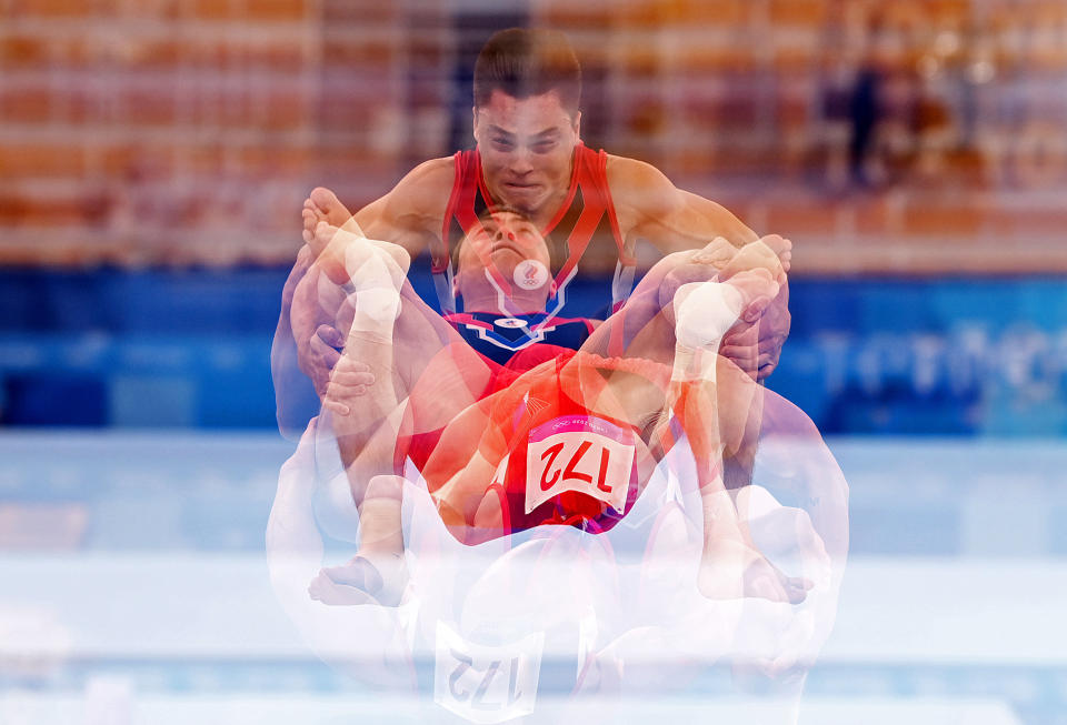 <p>TOKYO, JAPAN - AUGUST 02: Nikita Nagornyy of Russia competes in the Menâs Fault Final on day ten of the Tokyo 2020 Olympic Games at Ariake Gymnastics Centre on August 02, 2021 in Tokyo, Japan. (Photo by Bradley Kanaris/Getty Images)</p> 