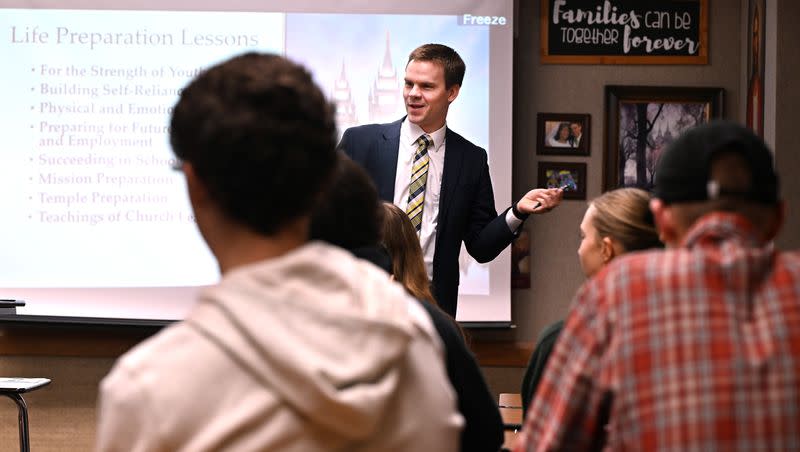 Salt Lake Highland Seminary Principal Andy Shepherd talks with his seminary class in Salt Lake City on Friday, Jan. 26, 2024. The Church of Jesus Christ of Latter-day Saints has announced it will add new life preparation lessons to the seminary curriculum. 